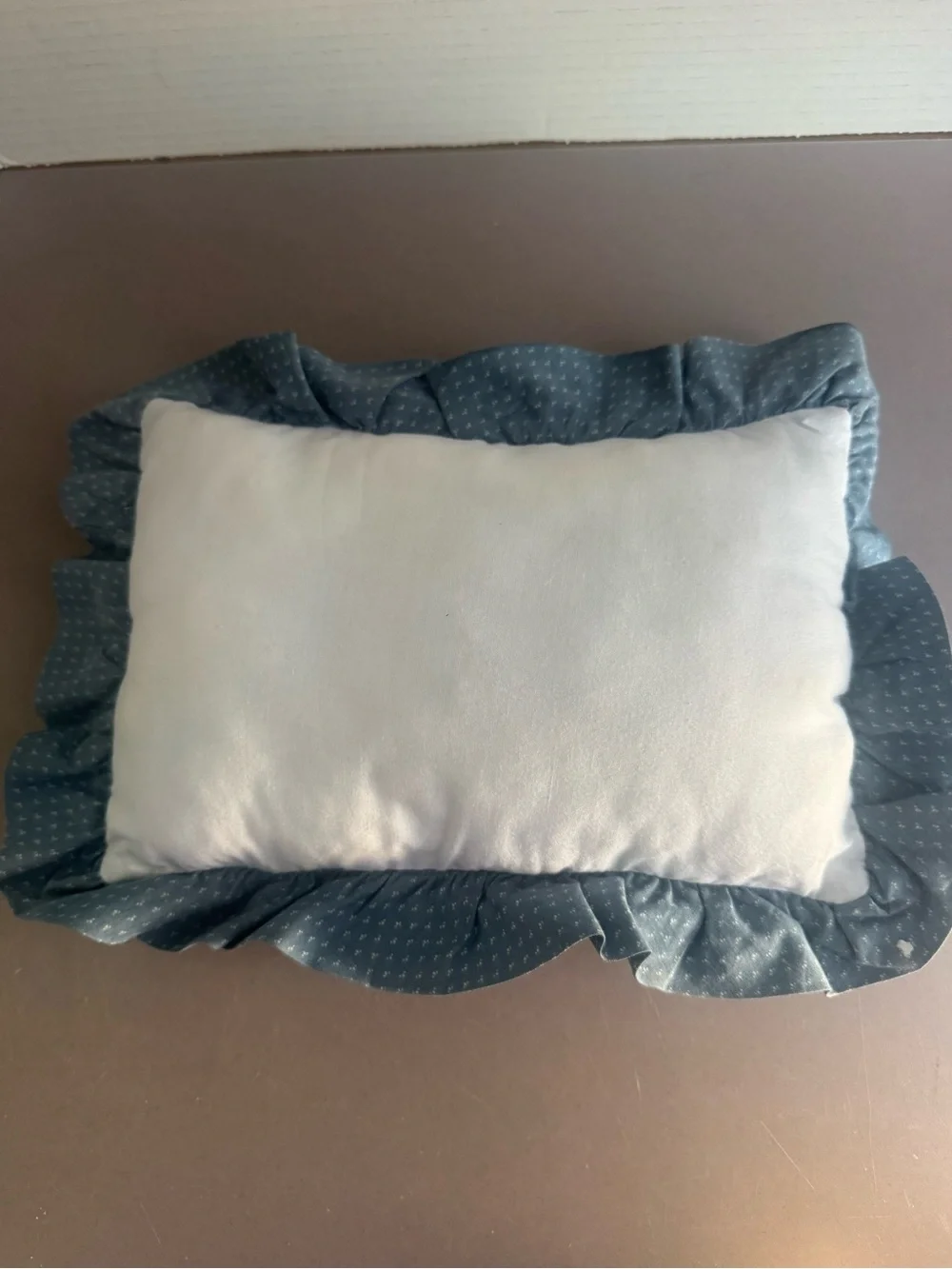 Handmade Cream Cross-Stitch Doll & Bear Accent Pillow with Blue Ruffle